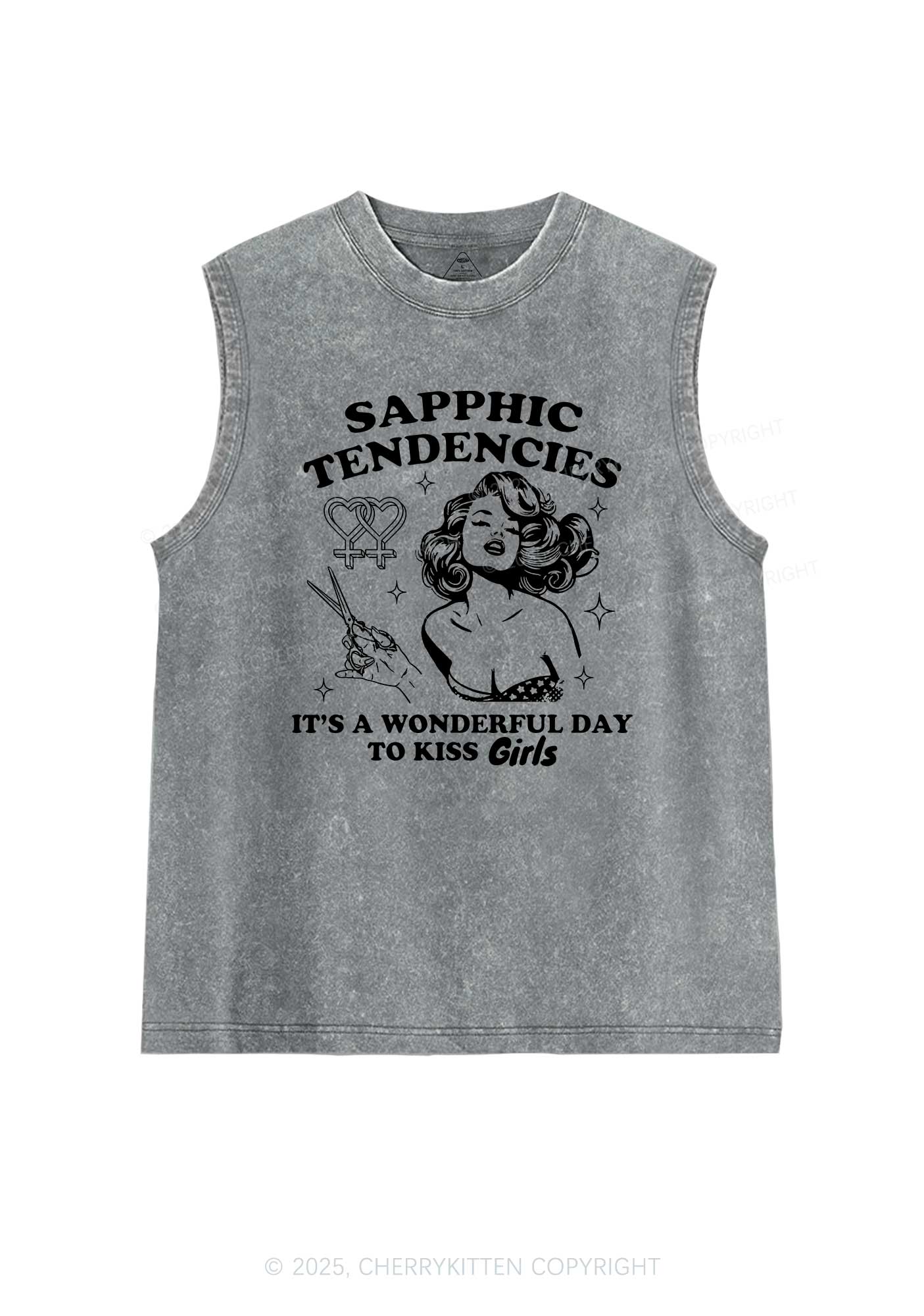 Sapphic Tendencies Kiss Girls Pride Y2K Washed Muscle Tank Cherrykitten