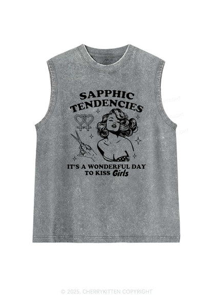 Sapphic Tendencies Kiss Girls Pride Y2K Washed Muscle Tank Cherrykitten