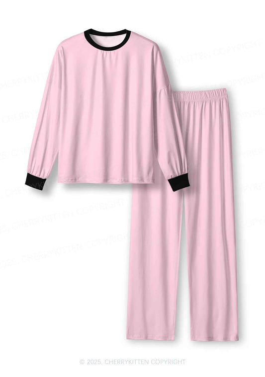 Plain Light Pink Y2K Print Long Sleeve Pajama Set Cherrykitten
