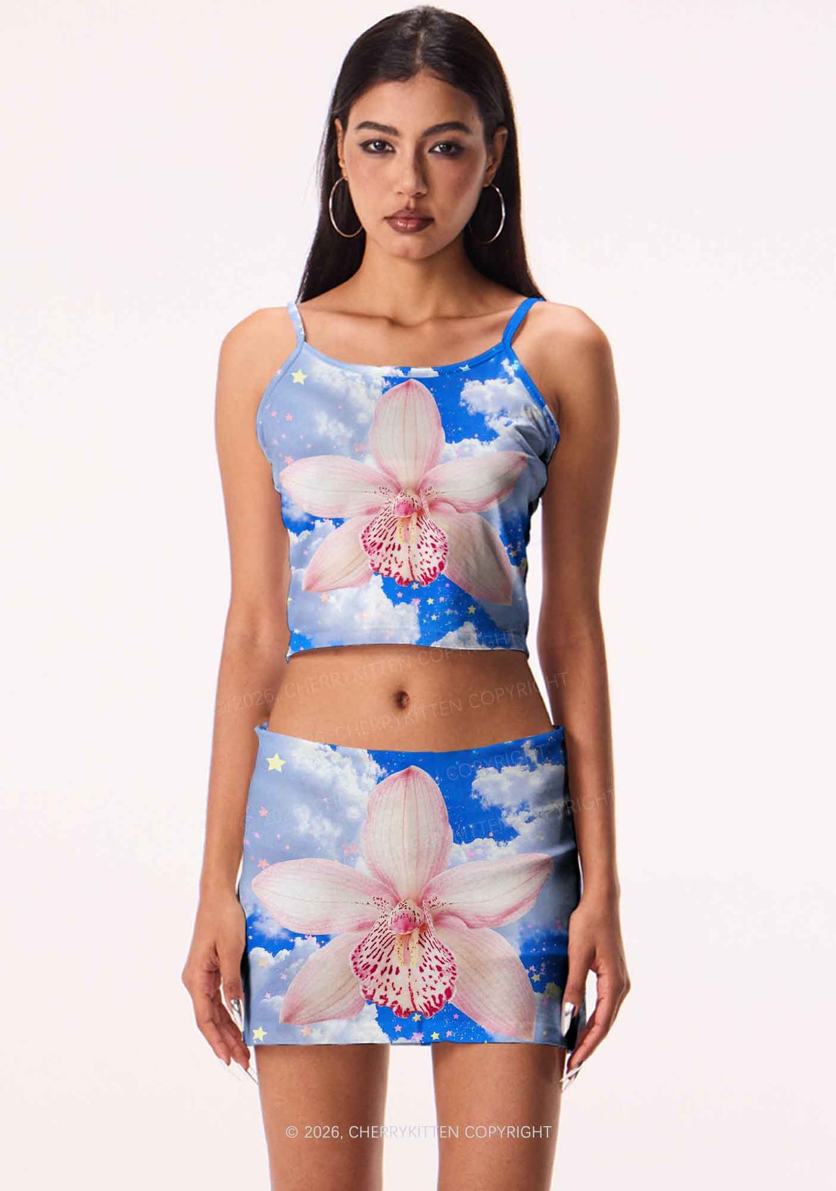 Pink Orchid Blue Sky Y2K Print Mini Skirt Cherrykitten