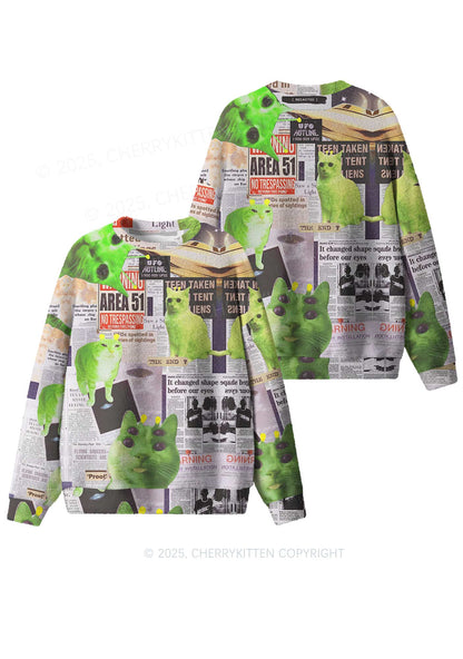 Green Alien Kitten Y2K Christmas Knit Sweatshirt Cherrykitten