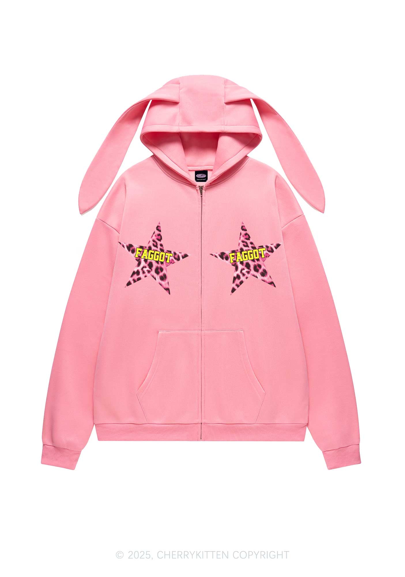 Faggot Leopard Star Pride Y2K Bunny Ear Zip Hoodie Cherrykitten
