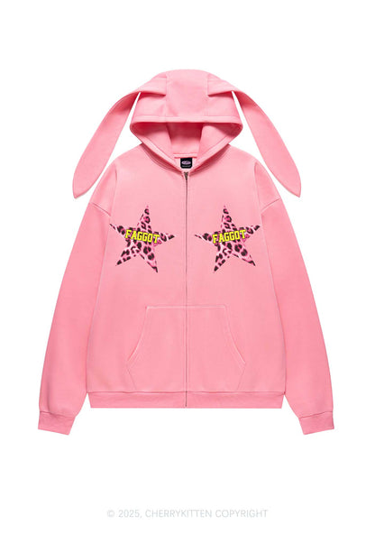 Faggot Leopard Star Pride Y2K Bunny Ear Zip Hoodie Cherrykitten