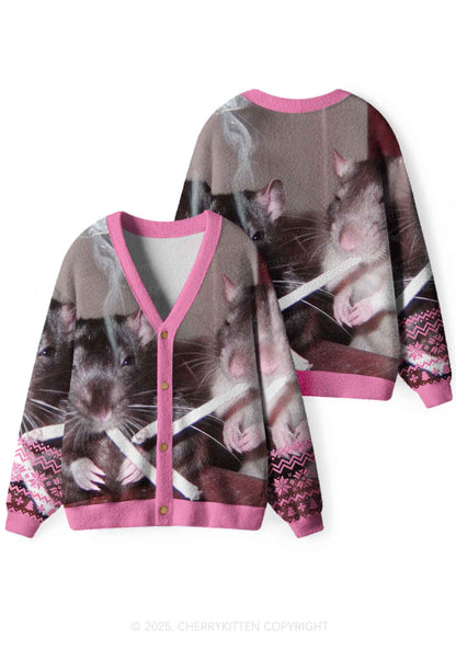 Pink Smoking Rats Y2K Christmas Cardigan Knit Sweatshirt Cherrykitten