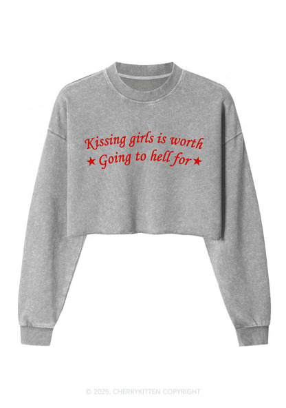 Kissing Girls is Worth Pride Y2K Crop Washed Sweatshirts Cherrykitten