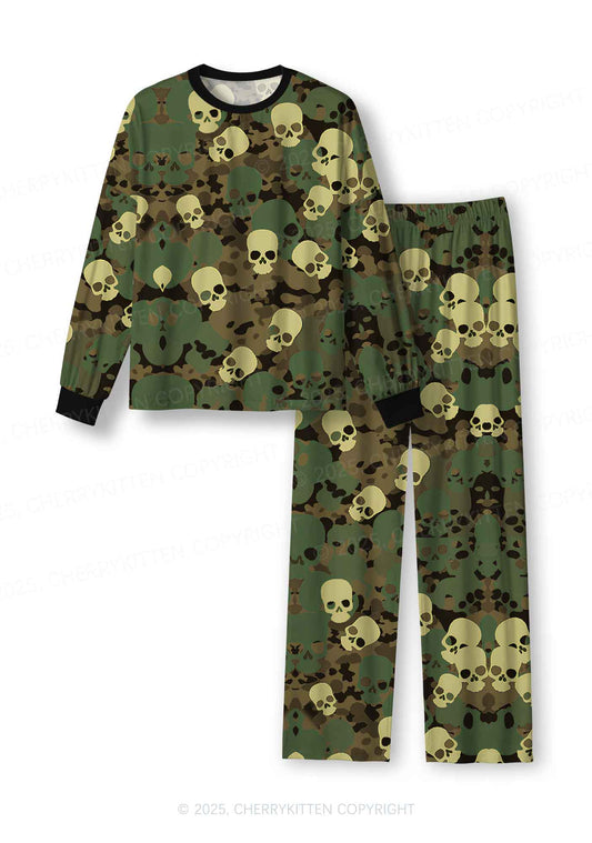 Halloween Camouflage Skull Y2K Print Long Sleeve Pajama Set Cherrykitten