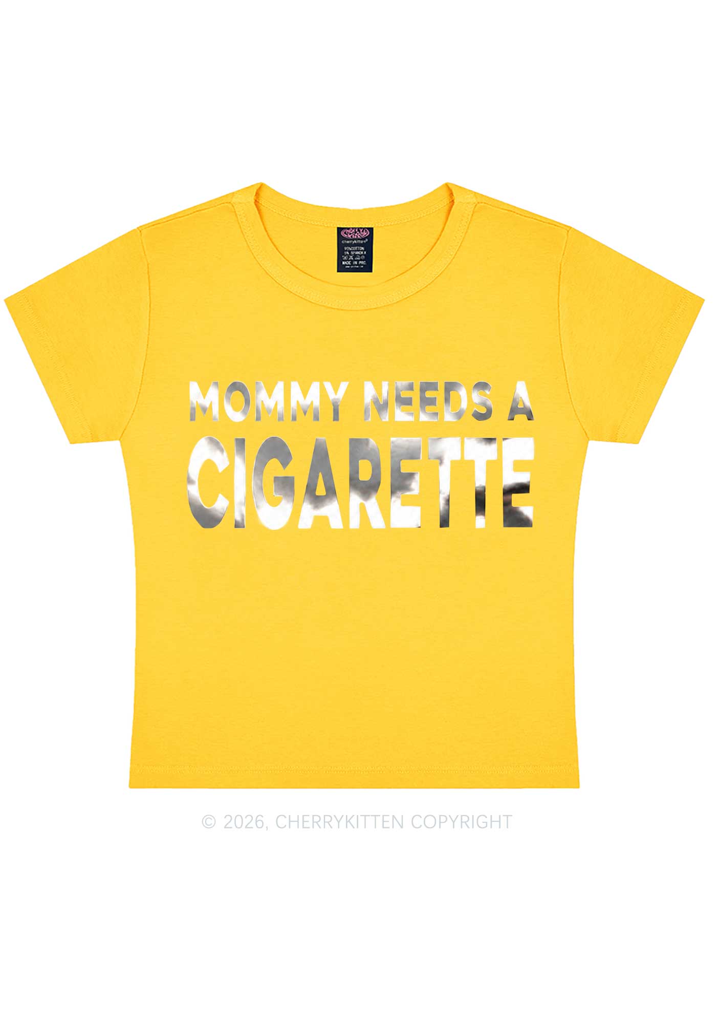 Mommy Needs A Cigarette Silver Foil Printed Y2K Baby Tee Cherrykitten