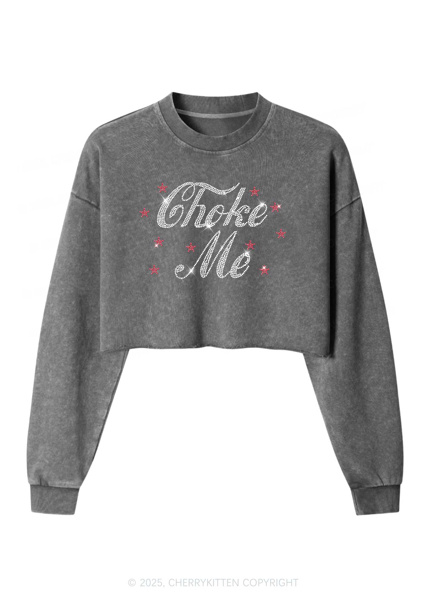 Rhinestone Choke Me Y2K Crop Washed Sweatshirts Cherrykitten