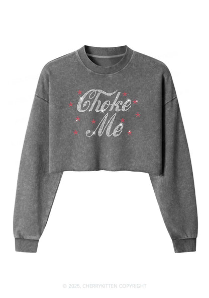 Rhinestone Choke Me Y2K Crop Washed Sweatshirts Cherrykitten