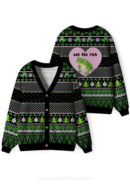 Eat The Rich Frog Y2K Christmas Cardigan Knit Sweatshirt Cherrykitten