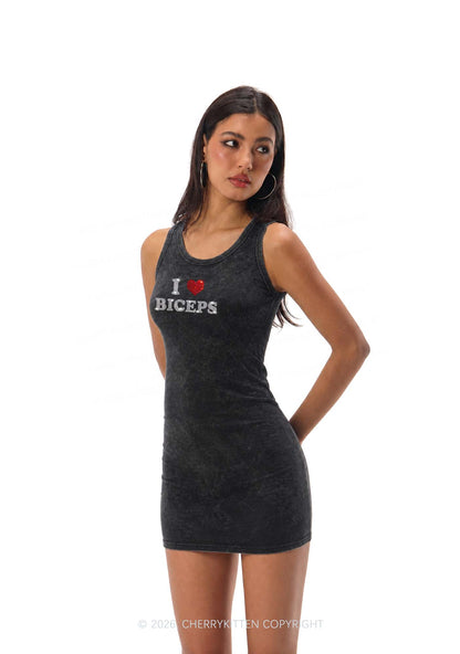 Rhinestone I Love Biceps Y2K Washed Tank Dress Cherrykitten