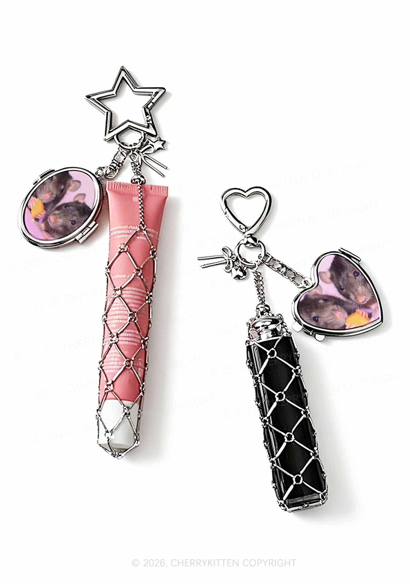 Cheese Rat 1pc Y2K Metal Mesh Lipstick Holder Keychain With Mirror Cherrykitten