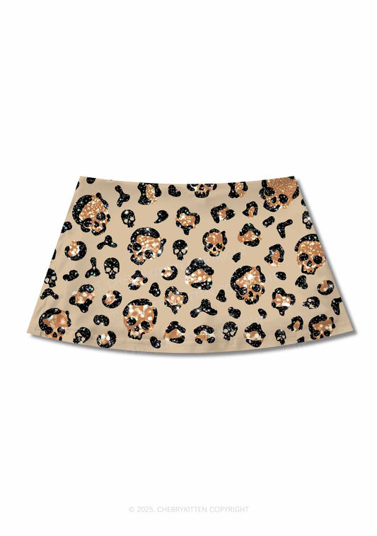 Halloween Leopard Sparkly Skull Y2K Print Mini Skirt Cherrykitten