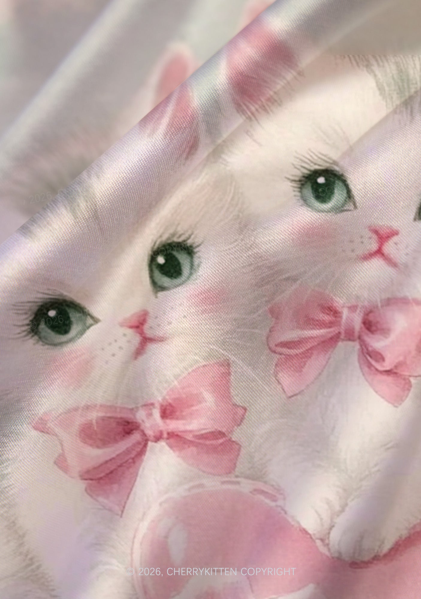 Rose Kitties Y2K Print Satin Cowl Neck Slip Dress Cherrykitten