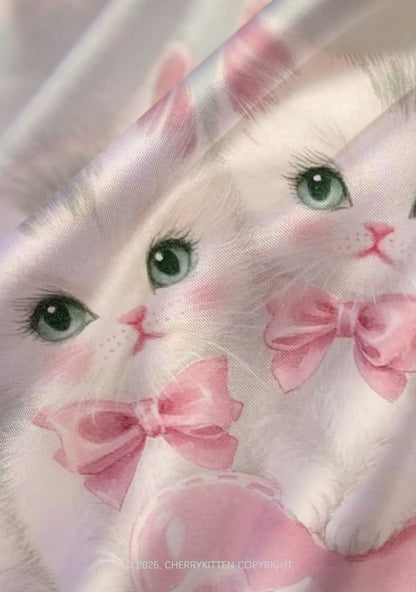 Rose Kitties Y2K Print Satin Cowl Neck Slip Dress Cherrykitten