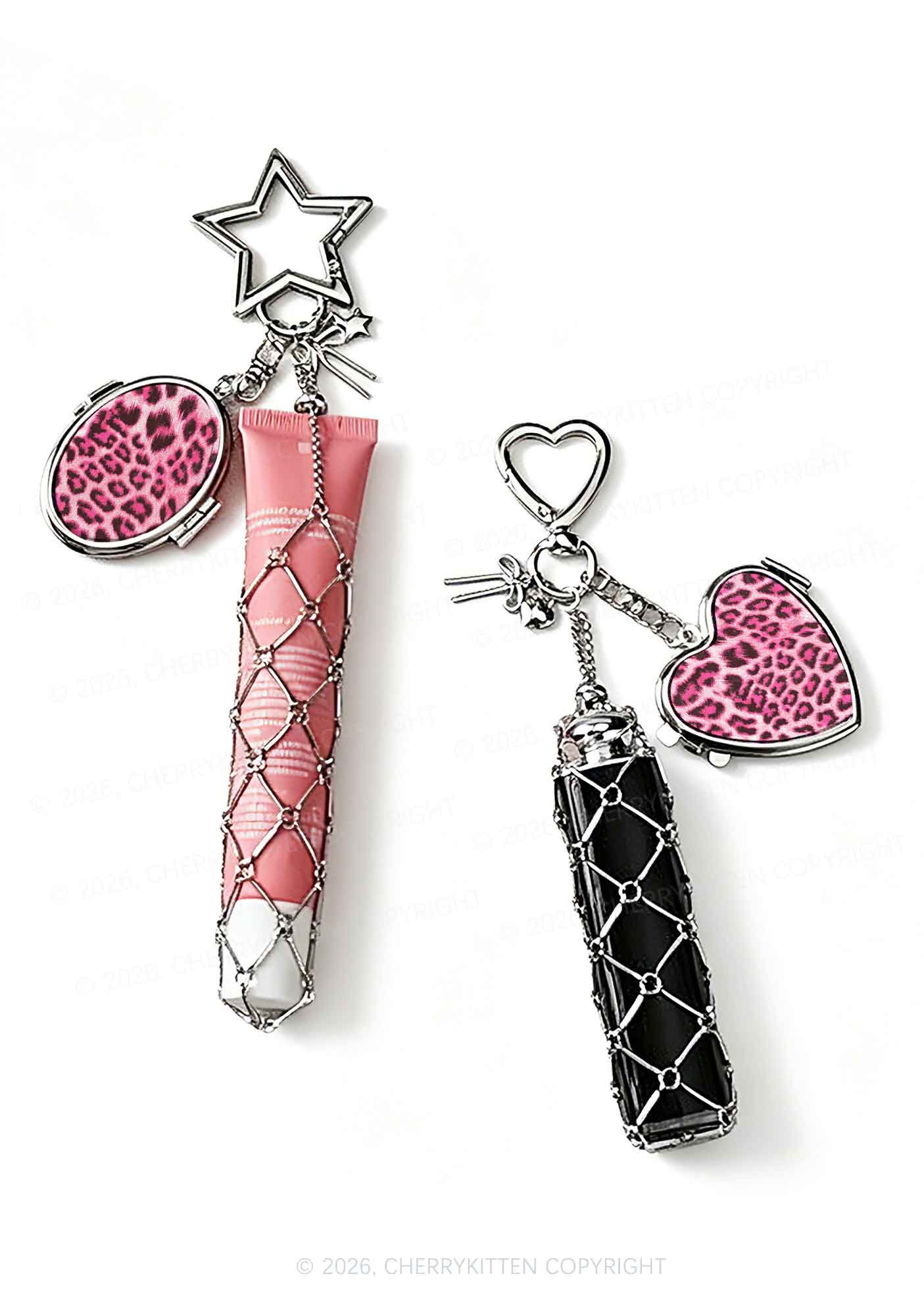 Pink Leopard 1pc Y2K Metal Mesh Lipstick Holder Keychain With Mirror Cherrykitten