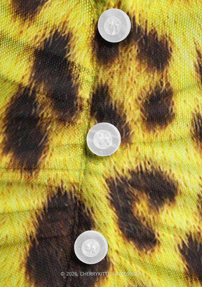 Yellow Leopard Y2K Mesh Ruched Waist V Neck Top Cherrykitten