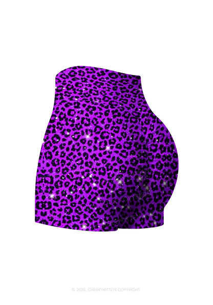 Dark Purple Leopard Y2K Print Gym Shorts Cherrykitten