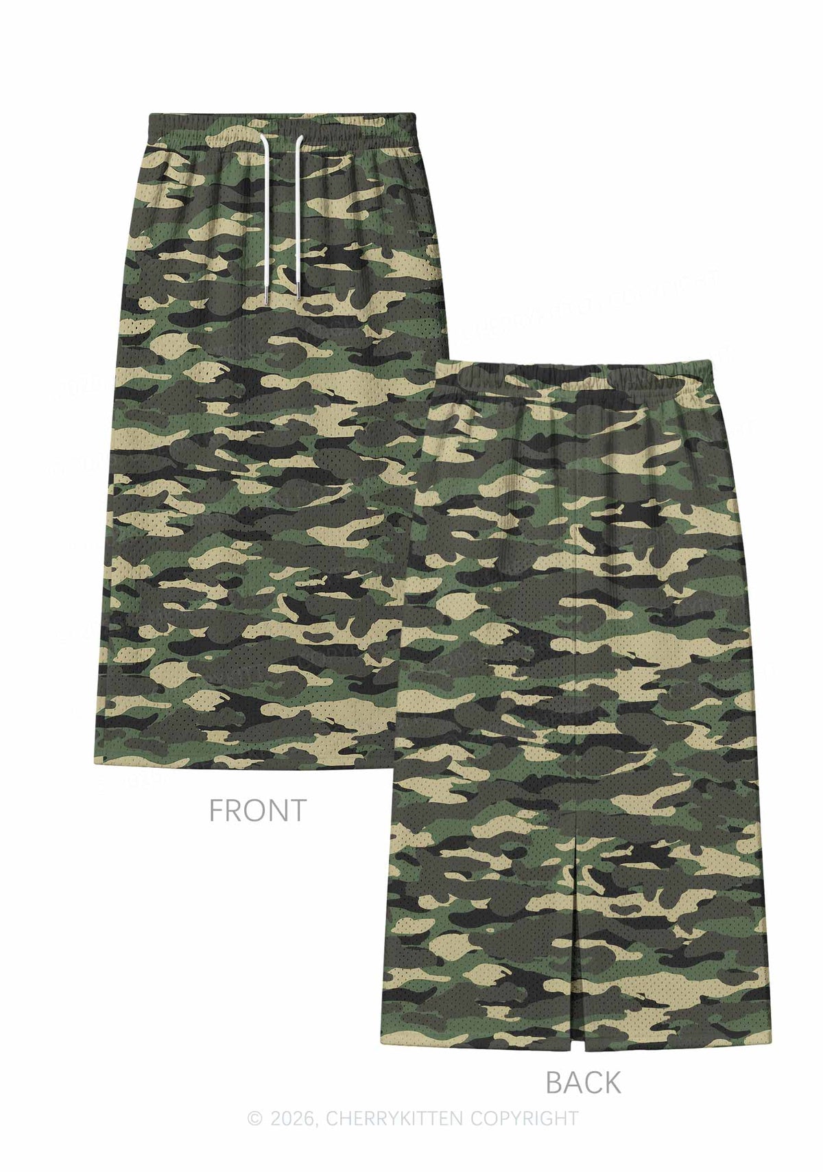 Classic Green Camo Y2K Sport Jersey Drawstring Midi Skirt Cherrykitten