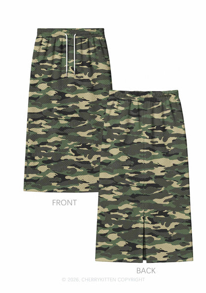 Classic Green Camo Y2K Sport Jersey Drawstring Midi Skirt Cherrykitten
