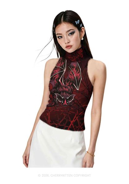 Halloween Flaming Bat Thorn Web Y2K Knit Turtleneck Tank Top Cherrykitten