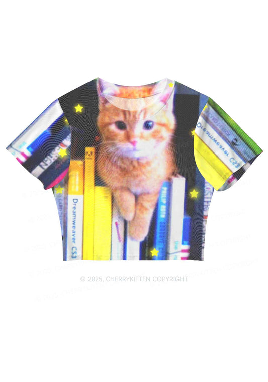 Feline Bookworm Y2K Mesh Crop Top Cherrykitten