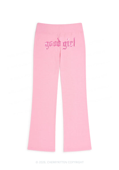 Rhinestone Good Girl Y2K Low Rise Drawstring Flare Pants Cherrykitten