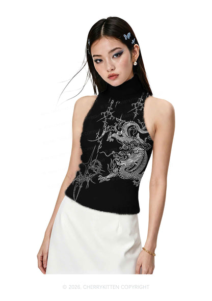 Halloween White Dragon On Black Y2K Knit Turtleneck Tank Top Cherrykitten