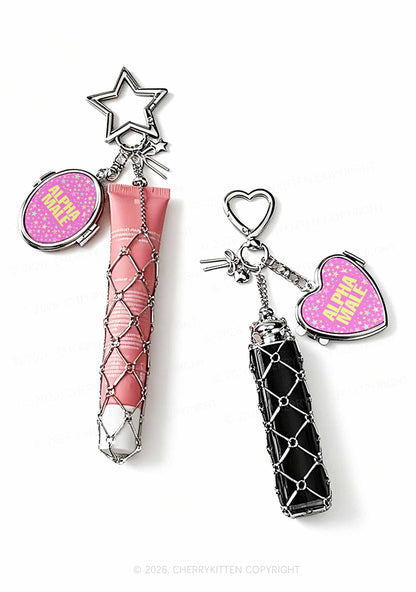 Hot Pink Alpha Male Pride 1pc Y2K Metal Mesh Lipstick Holder Keychain With Mirror Cherrykitten