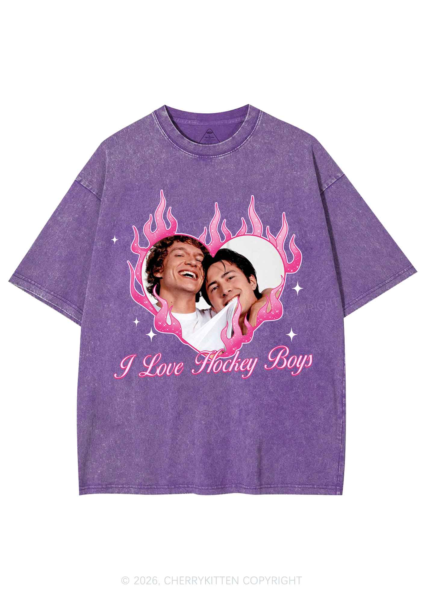 I Love Hockey Boys Pink Heart HR Y2K Shirts Washed Tee Cherrykitten