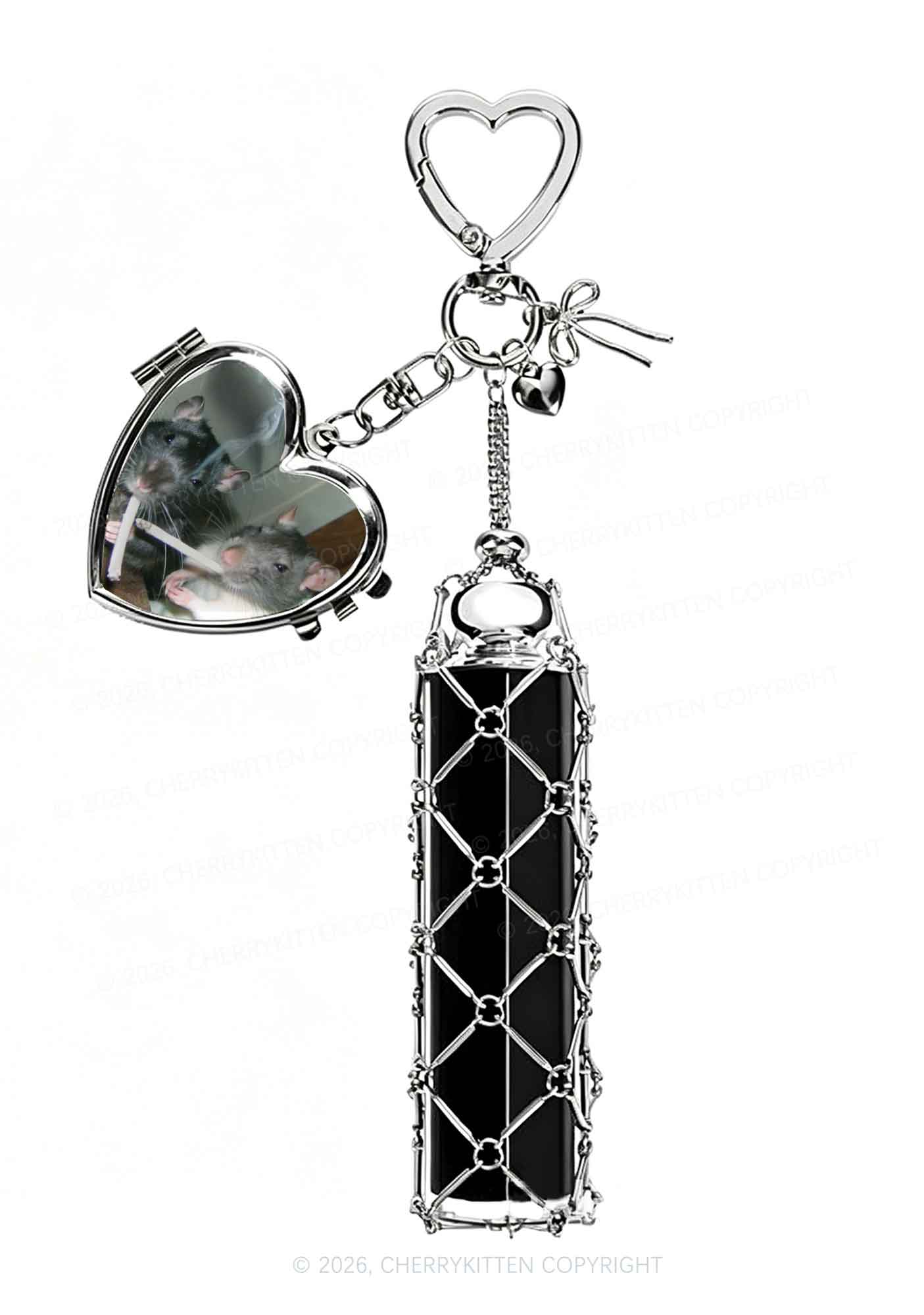 Smoking Rats 1pc Y2K Metal Mesh Lipstick Holder Keychain With Mirror Cherrykitten