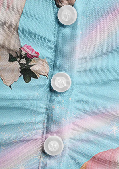 Blue Unicorn Y2K Mesh Ruched  Waist  V Neck Top Cherrykitten