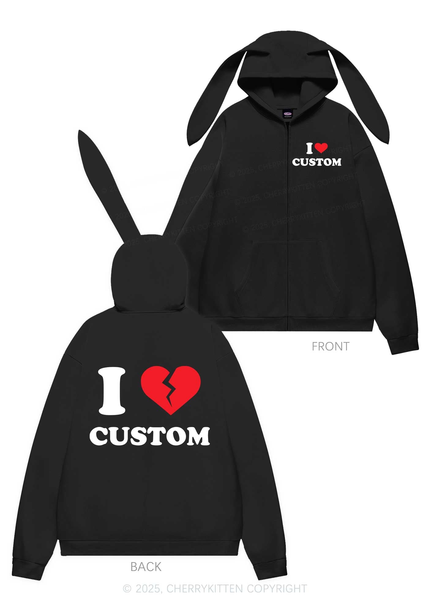 I Broken Love Custom Personalized Y2K Bunny Ear Zip Hoodie Cherrykitten