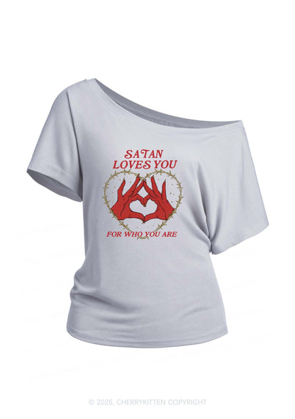 Satan Loves You Heart Halloween Y2K Off Shoulder Tee Cherrykitten