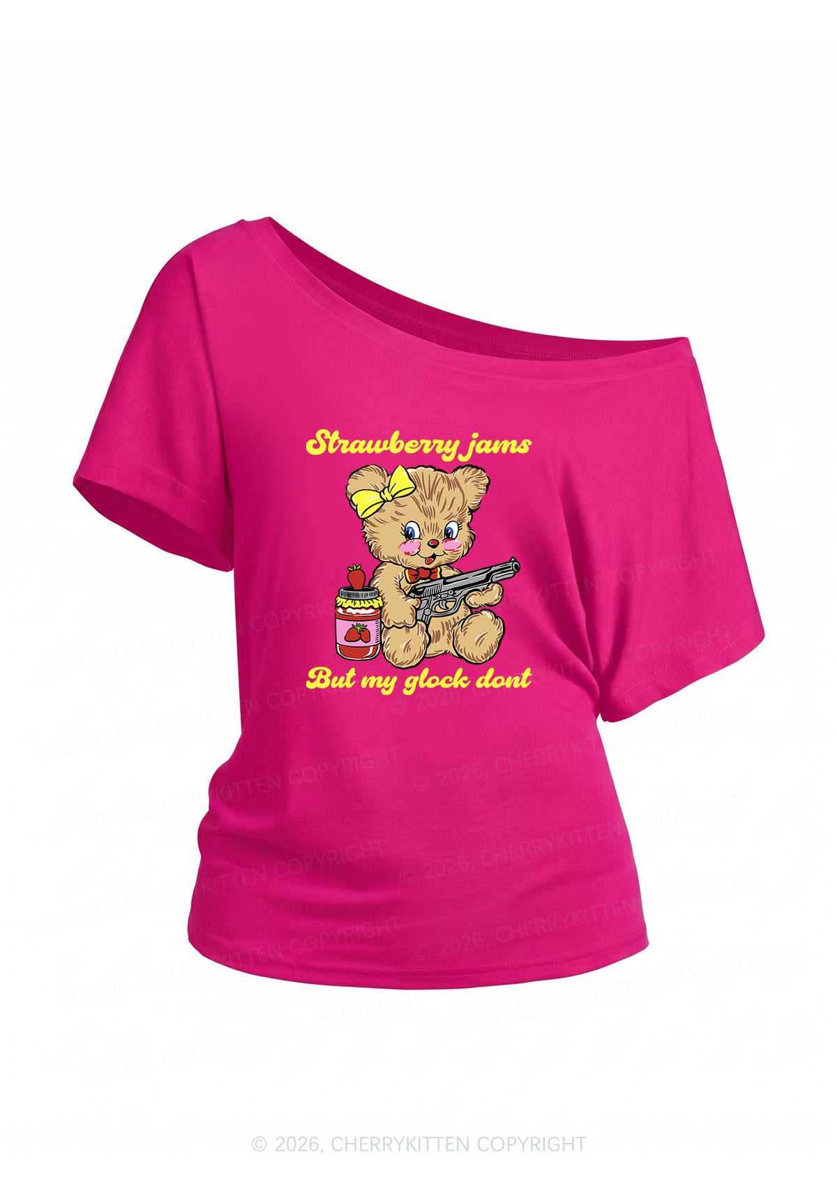 Strawberry Jams Bear Y2K Off Shoulder Tee Cherrykitten