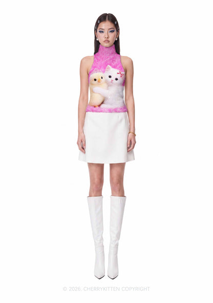 Kitten Hugging Chick Y2K Knit Turtleneck Tank Top Cherrykitten
