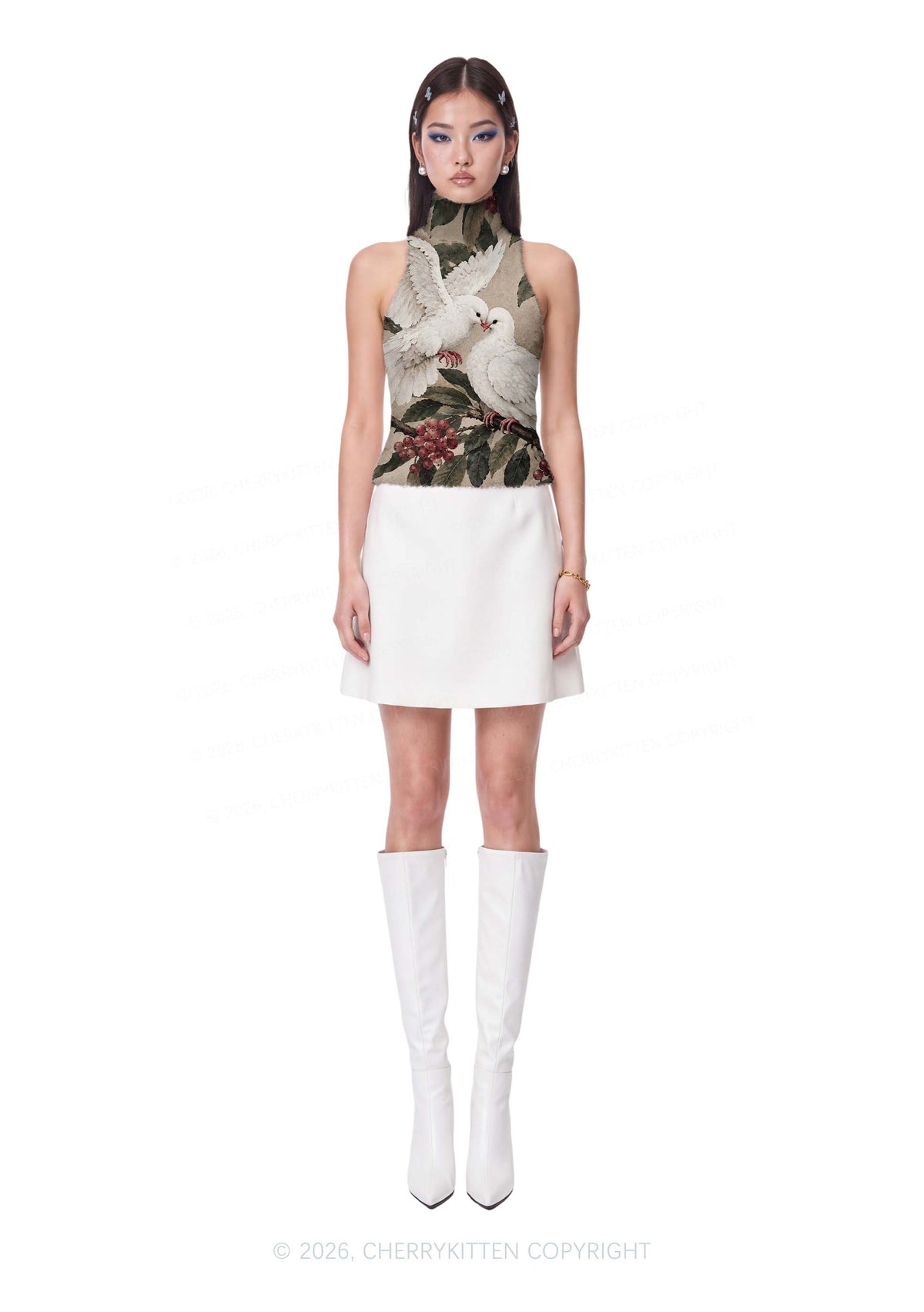 Two Loving Doves On Branch Y2K Knit Turtleneck Tank Top Cherrykitten