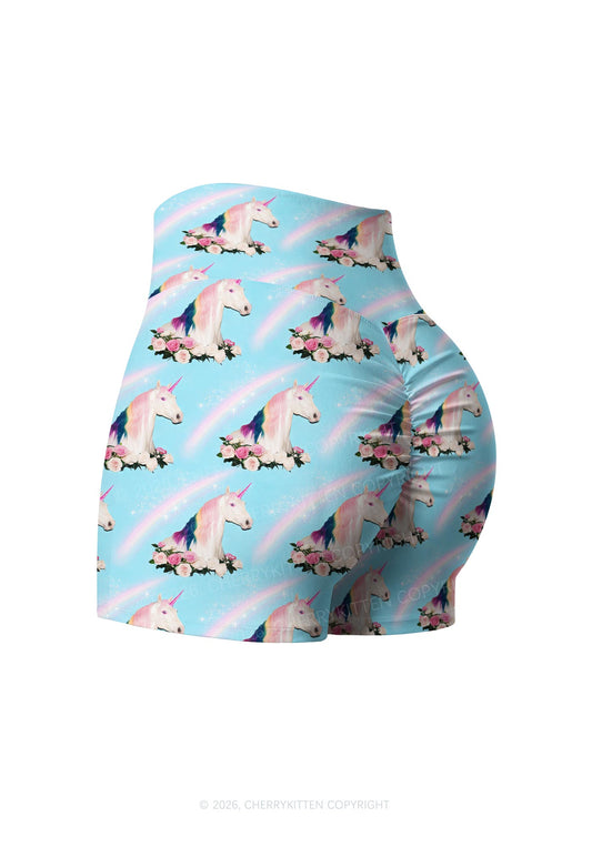 Blue Unicorn Y2K Print Gym Shorts Cherrykitten