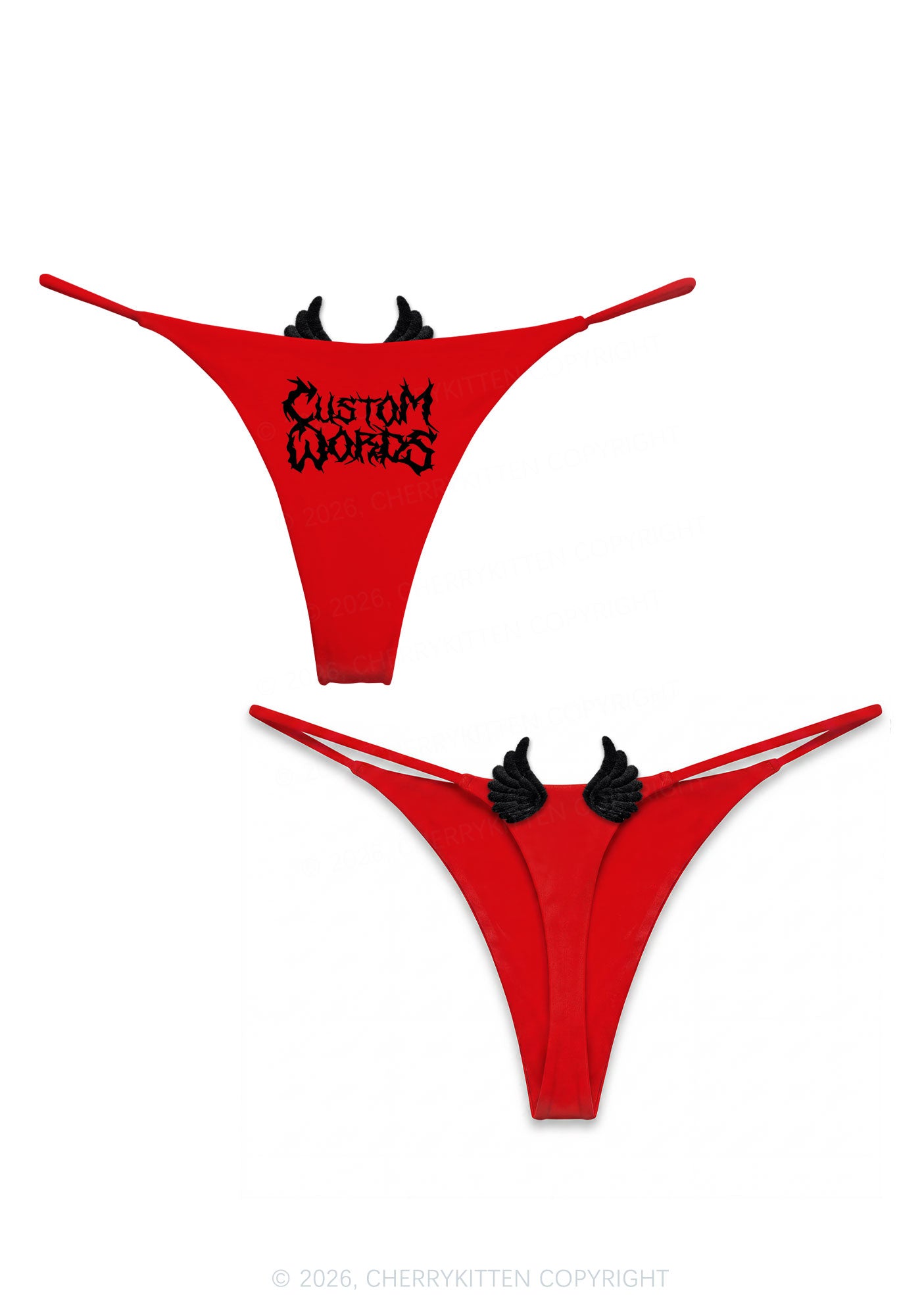 Custom Text Punk Font Y2K Bikini String Thong With Black Wings Cherrykitten