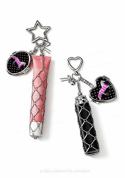 Pink Cxxt Horse 1pc Y2K Metal Mesh Lipstick Holder Keychain With Mirror Cherrykitten
