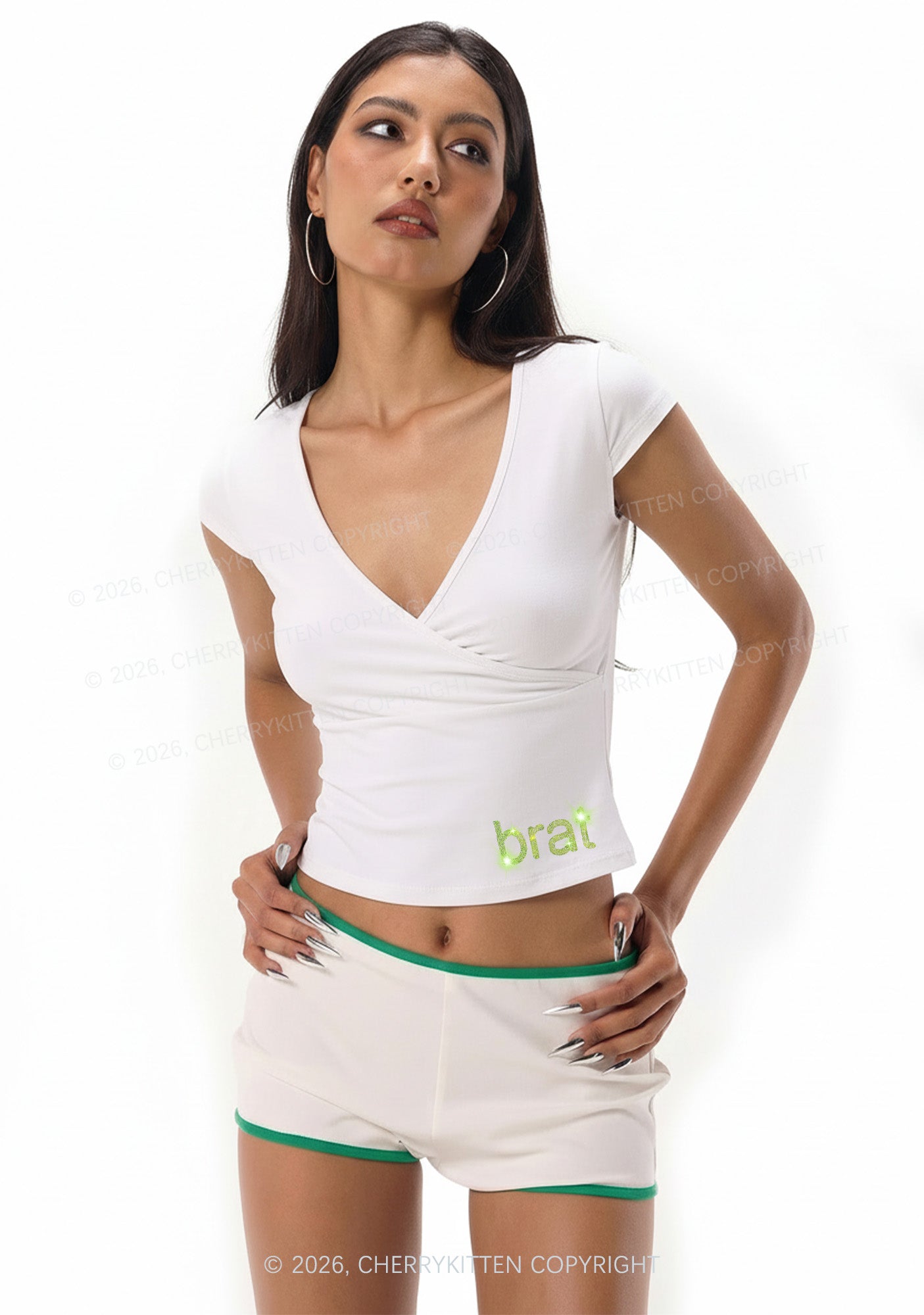 Rhinestone Green Brat Y2K Wrap V Neck T Shirts Cherrykitten