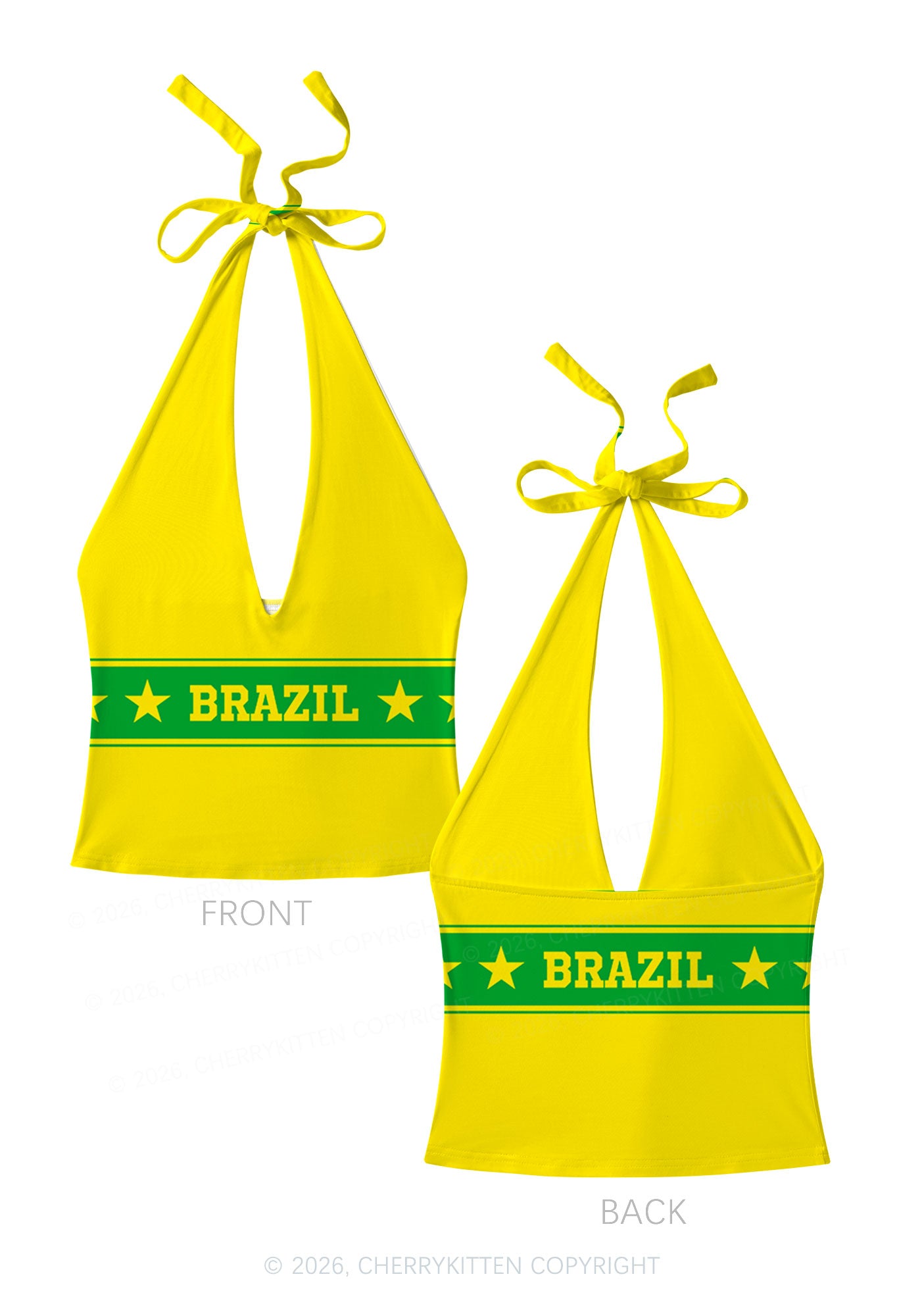 Yellow Green Stripe Star Y2K Print Halter Deep V Neck Cami Cherrykitten