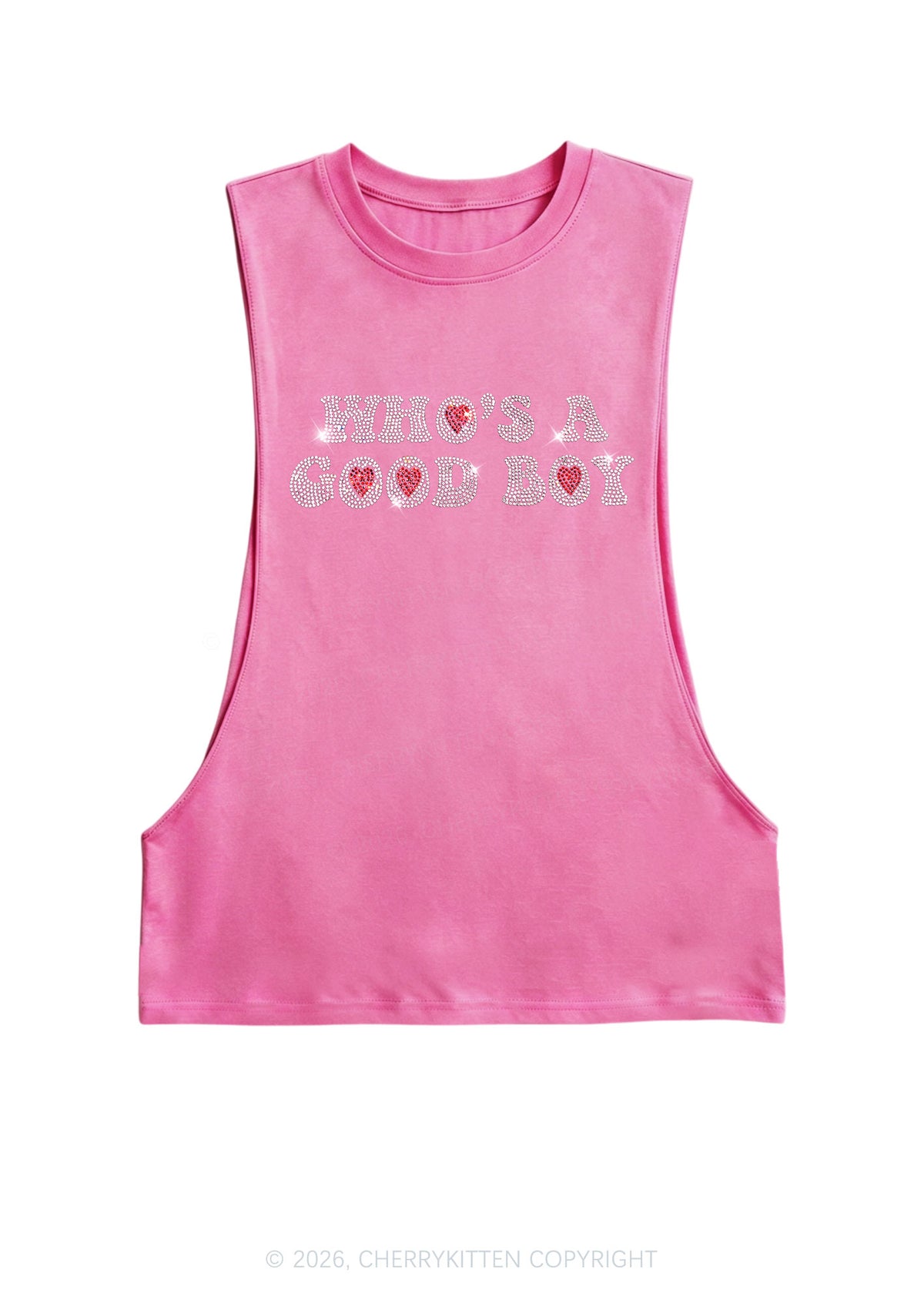 Rhinestone Whos A Good Boy Y2K Men Muscle Side Cutoff Tank Top Cherrykitten