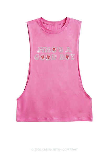 Rhinestone Whos A Good Boy Y2K Men Muscle Side Cutoff Tank Top Cherrykitten