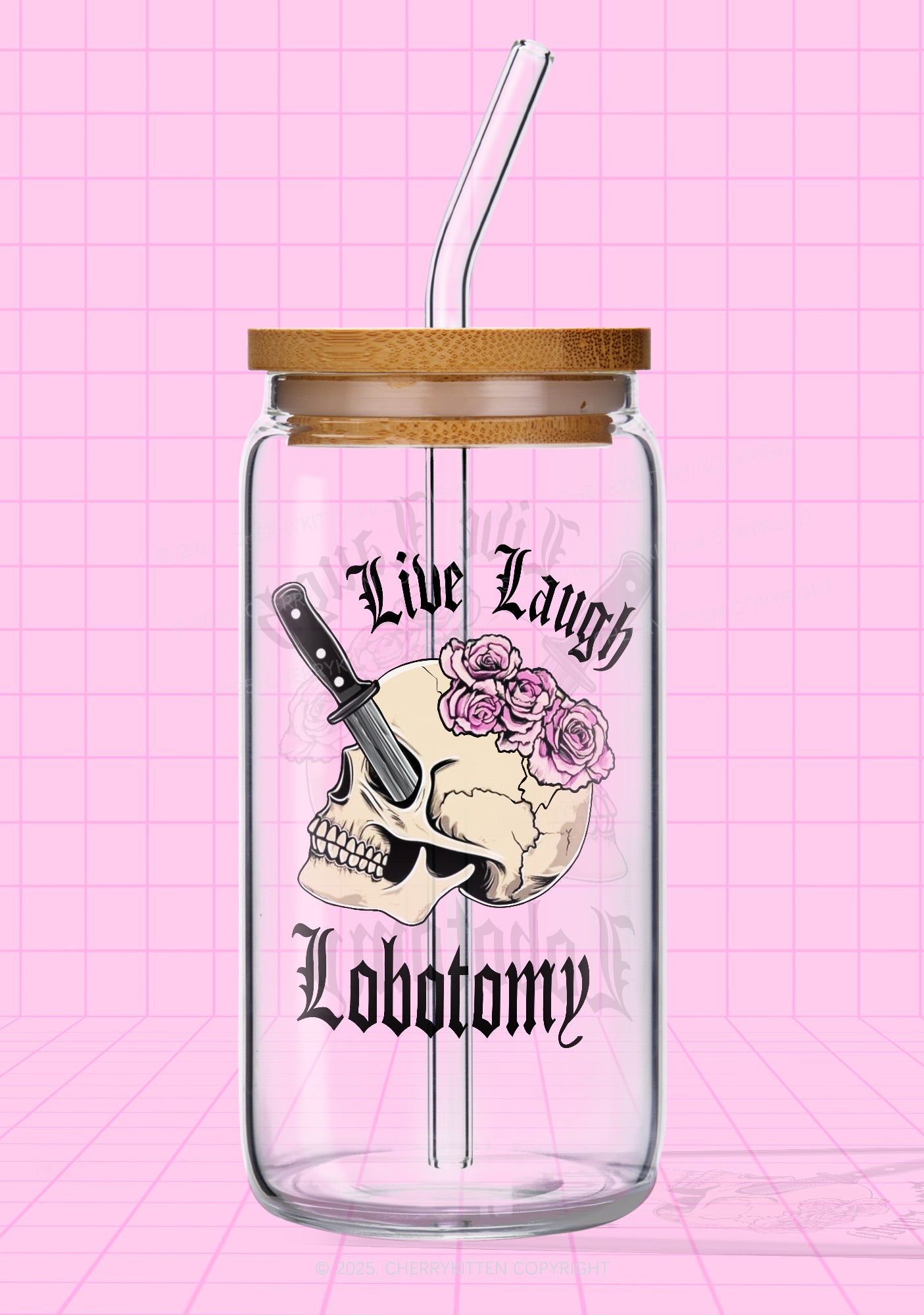 Live Laugh Lobotomy Skull Y2K Printed Glass Cup Cherrykitten