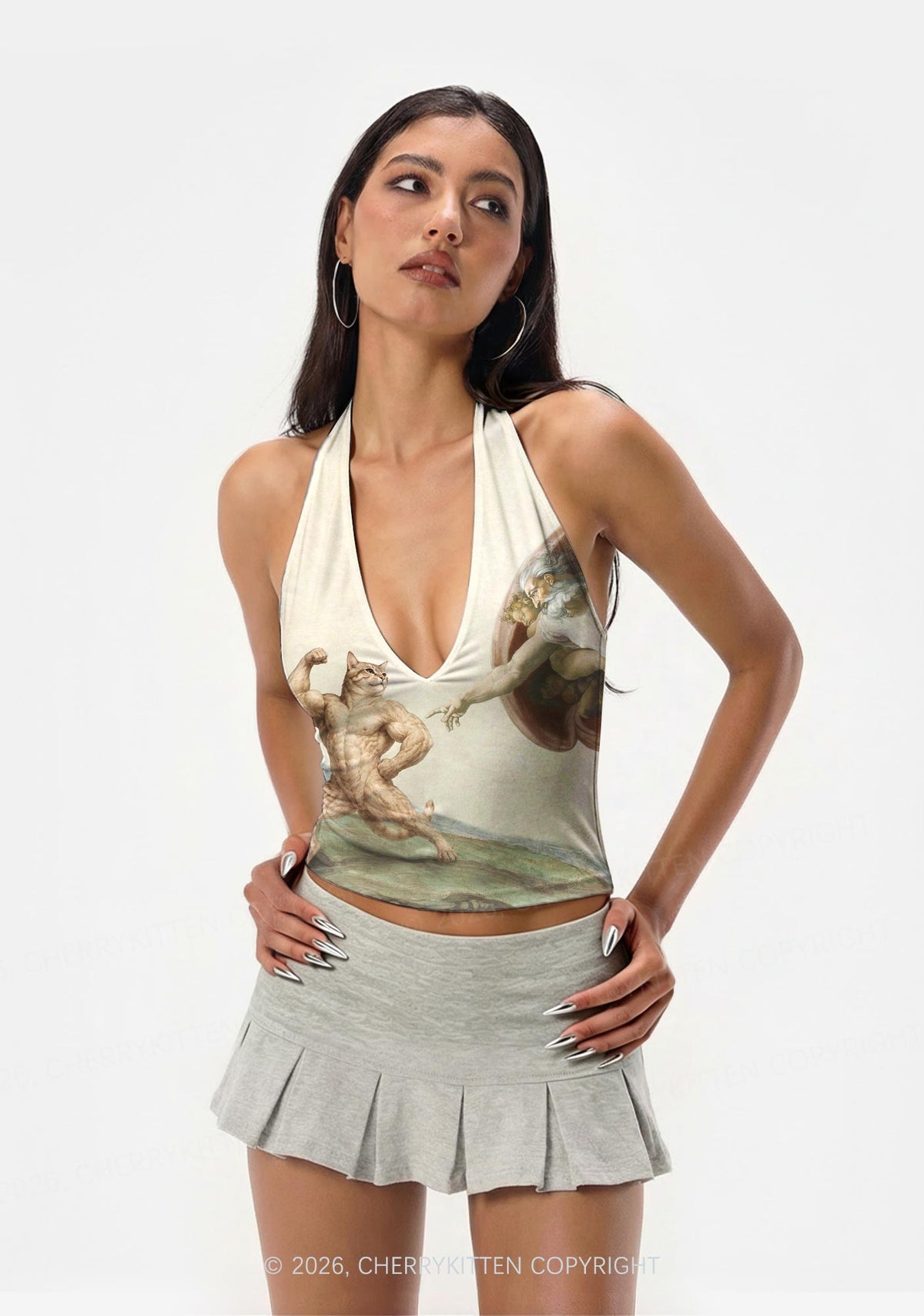 Gym Cat God Touch Y2K Print Halter Deep V Neck Cami Cherrykitten