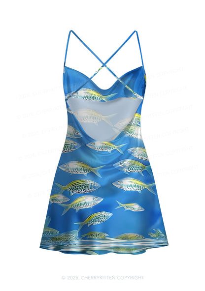 Undersea Fish Y2K Print Satin Cowl Neck Slip Dress Cherrykitten