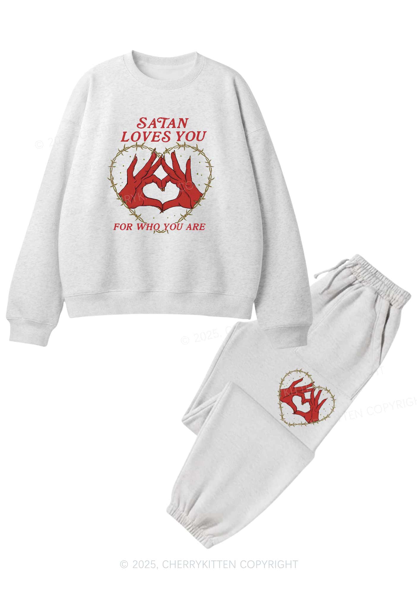 Halloween Satan Loves You Heart Y2K Fleece Sweatshirts Set Cherrykitten
