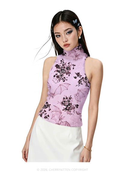 Pink Bat Y2K Knit Turtleneck Tank Top Cherrykitten