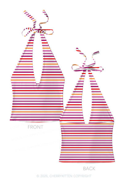 Lesbian Stripes Pride Y2K Print Halter Deep V Neck Cami Cherrykitten